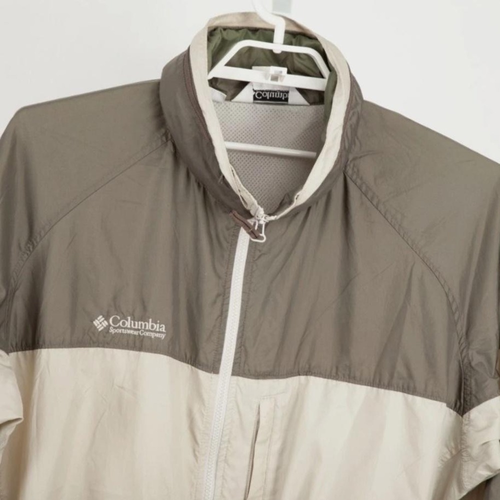 Vintage Columbia Jacket Mens XL Beige Packable Windbreaker Hiking Nylon Hood